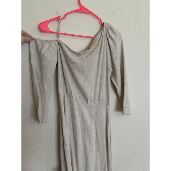 New ASOS Woman's 6 Linen Dress Beigh Tan Midi Off Shoulder Asymmetrical Sleeve - Picture 3 of 6